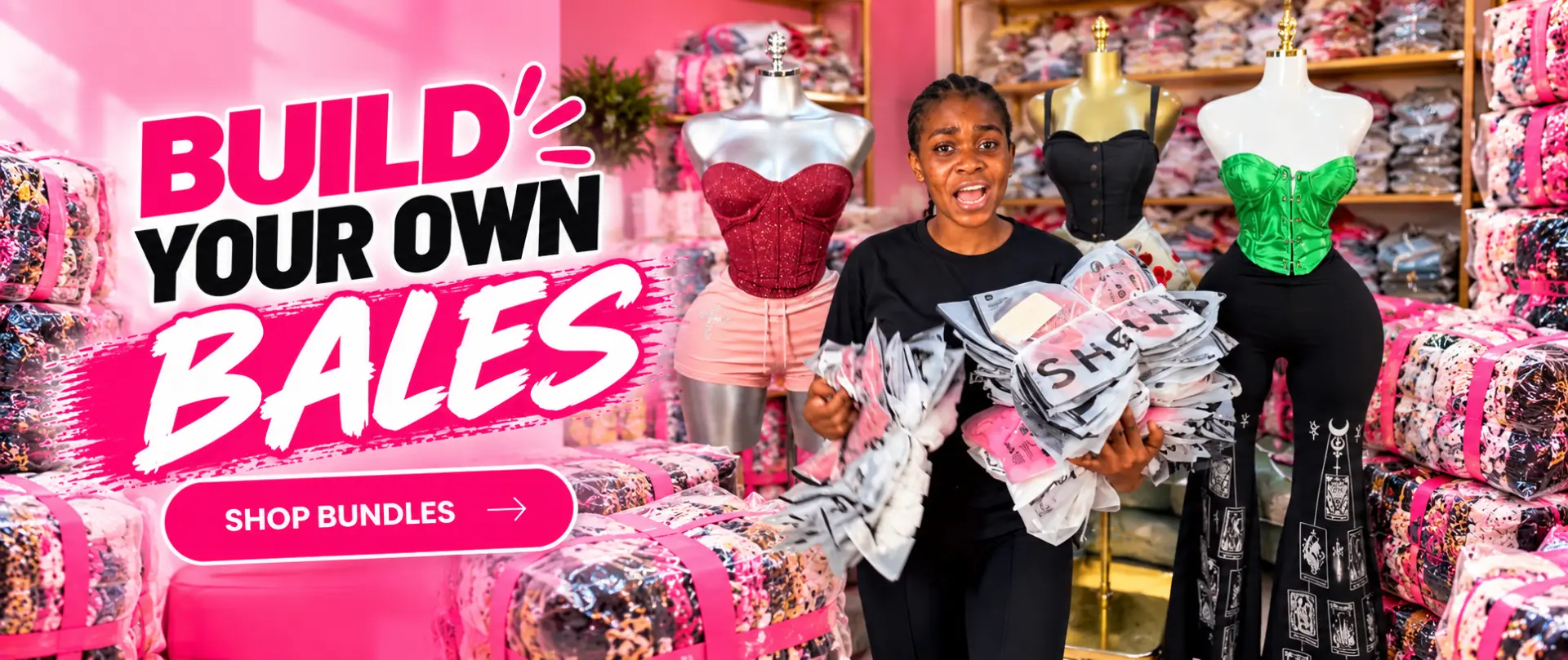 Build your own bales — shop bundles at Sheen Arena, with a shop assistant holding clothing packs surrounded by clothing bundles